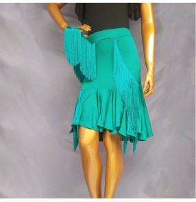 Women girls black turquoise green tassels latin dance skirts modern salsa rumba chacha ballroom performance fringe skirt